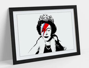 BANKSY QUEEN DAVID BOWIE - KUNST GERAHMTES POSTER BILD DRUCK KUNSTWERK - SCHWARZ & WEISS - Bild 1 von 10