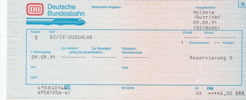 Von 1991: Deutsche Bundesbahn EC/IC-Zuschlag. Erstbesitz. Entwertet. - Bild 1 von 1
