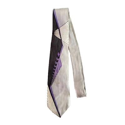 1950s Vintage Purple and Gray Necktie, Rayon, MCM Print - Image 1 of 3