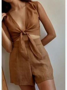 Whimsy + Row Valentina Set Shorts Tolp Womens XS Nutmeg 100% Linen 2 Pc Outfit - Picture 1 of 12