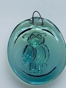 Vtg HANDMADE GLASS OWL Ornament Blue Hanging Art Sculpture Figurine 2 x 1.75" - Picture 1 of 3