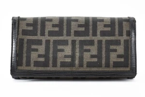 FENDI Long Wallet Bifold Zucca Canvas Brown Leather Black #A273 - Picture 1 of 24