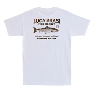 Luca Brasi Fish Market Since 1945 Funny Fishing (On Back) Vintage Men's T-Shirt - Picture 1 of 8