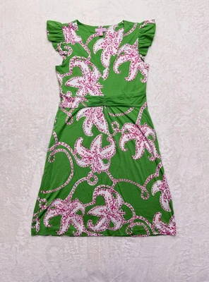 Lilly Pulitzer Dress Womens Small Green Pink Floral Ruffle Sleeve Silk Cotton - Image 1 of 4