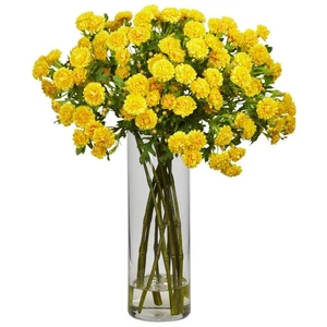 17" ARTIFICIAL SILK YELLOW FLORAL JAPANESE FLOWER ARRANGEMENT w/ CLEAR VASE - Picture 1 of 1