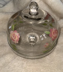 Glaskuppel Abdeckung Standfuß Kuchenplatte Ständer handbemalt Blumenmuster 11" breit - Bild 1 von 10