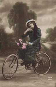 A Lady with a Bicycle -Cycling - Antique Photo Postcard 1900s 14 - Picture 1 of 2