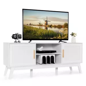 TV Stand Living Room Wooden Media Console W/2 Rattan Door & Open Storage Shelves - Picture 1 of 10