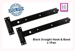 BLACK STRAIGHT HOOK & BAND HINGES HEAVY DUTY STABLE GARAGE SHED BARN DOOR - Picture 1 of 10