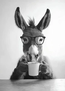 Donkey Drinking Coffee - Cute Funny Kitchen Animals - Poster - Picture 1 of 5