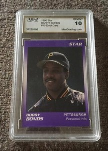 1990 STAR BARRY BONDS Error Card-Gem-Mt 10 card#10 of #11.