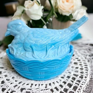 Vintage Blue Slag Glass 2 Piece Dove Bird on Nest Lidded Candy Dish Vanity Box - Picture 1 of 22