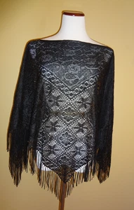 Vintage Bernie of New York Black Knit Crochet Fringes Poncho Pullover Style - Picture 1 of 9