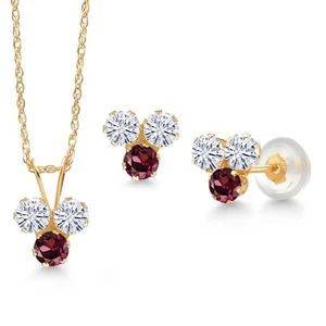 14K Yellow Gold White Moissanite and Rhodolite Garnet 3 Stone Pendant Earrings - Picture 1 of 3