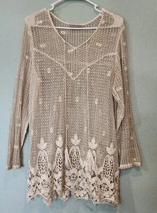 Boho Lace Crochet Fringe Top Sheer Sz M L Romantic Long Sleeve Cover Tunic Shirt - Picture 1 of 8