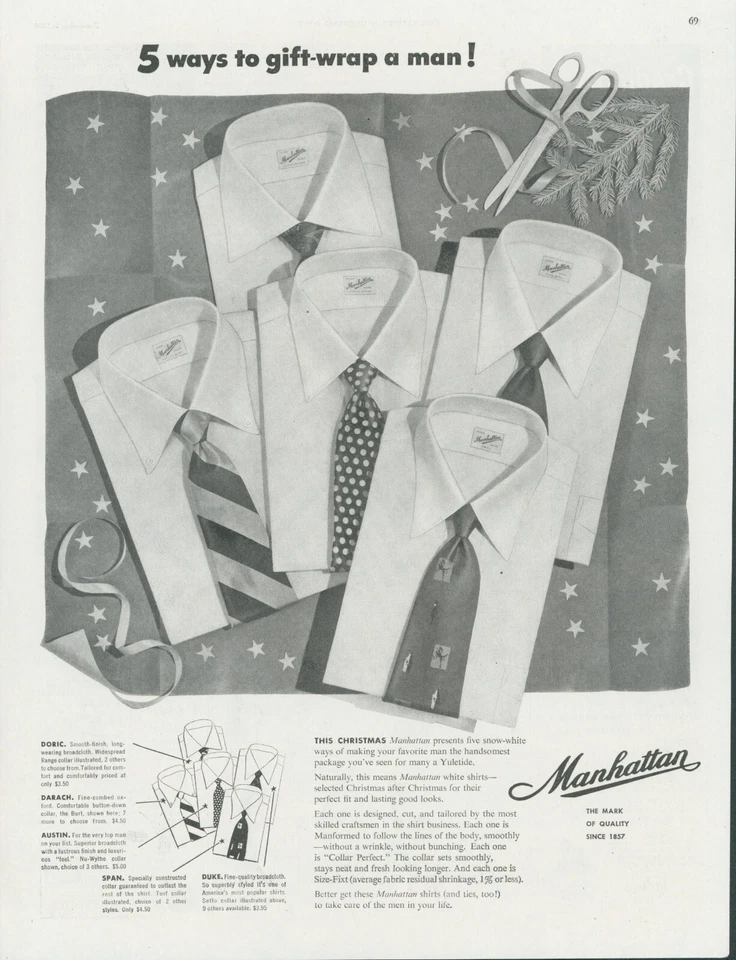 1950 年曼哈顿衬衫圣诞节 Doric Austin Duke Span Darach 印花广告 SP7 — 第 1/1 张图片