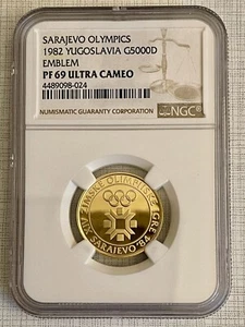 Yugoslavia 1982 Sarajevo Olympics Emblem 5000 Dinara Gold NGC PF69 UC SKU#4307 - Picture 1 of 2