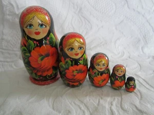 5 x Vintage Russian Wooden Nesting Babushka Matryoshka Dolls Poppy Decoration - Picture 1 of 4