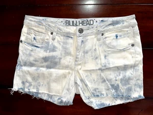 Pantalones cortos de mezclilla elásticos Bullhead para mujer 11 blanqueados lavado tiro bajo corte deshilachado - Imagen 1 de 5