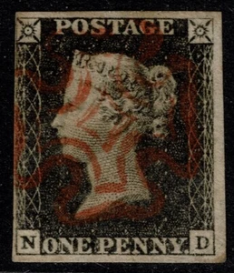 1840 1d Greyish-Black Pl 7 ND 4m Fine Upright Red MX Large Margins Cat. £500.00 - Picture 1 of 1