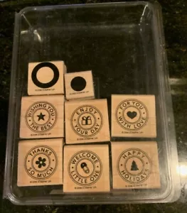 Stampin Up (SU) Juego de sellos remachables, círculos, amor, vacaciones, etiquetas, bebé, 8 sellos - Imagen 1 de 4