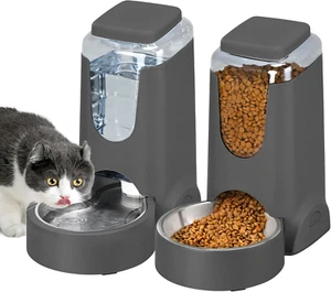 2 Pack Automatic Cat Feeder and Stainless Steel Water Dispenser, Gravity Dog Wat - Picture 1 of 12