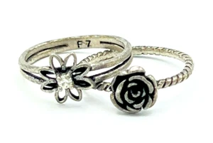 Set of Two Vintage Antique Pewter Flower Rings Size 7 - Picture 1 of 6