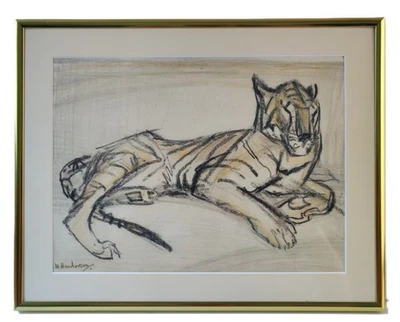 Elsie Henderson Carbón Pastel Tigre Dibujo en Papel Londres Marco de Metal 11x14 Foto 1 de 4