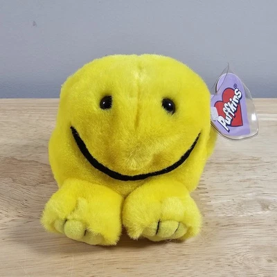 Винтаж 1998 Puffkins «Счастливый» плюшевый от Swibco — желтый смайлик - Изображение 1 из 4