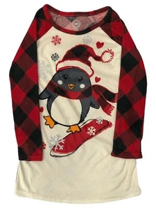 Girls Red Plaid Flannel Santa Penguin Holiday Nightgown Sleep Shirt - Picture 1 of 2