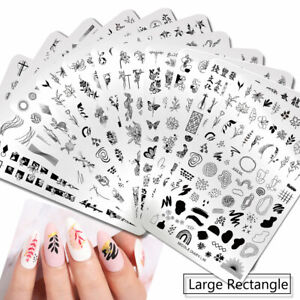 NICOLE DIARY Large Rectangle Nail Stamping Plates Lines Flowers Leaf Image Plate