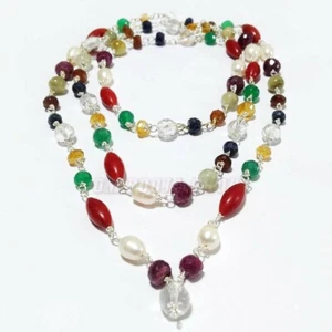 Genuine Navratna Mala with White Metal Chain Original Stone Glossy Finish OmPooj - Picture 1 of 3