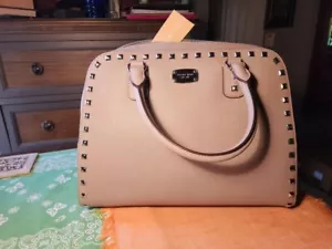NEW-Michael Kors Sandrine Large Pearl Grey Saffiano Leather Studded Satchel Tote - Picture 1 of 10