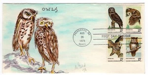 #1763a Owls 1978 FDC - Doris Gold Hand-painted  Fairbanks AK UNIQUE - Picture 1 of 3