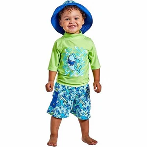 3 PC Boys Shark Swimsuit Rash Guard Swim Trunks Short Hat 12-18 M 2T 3T 4T 5 6 7 - Picture 1 of 7