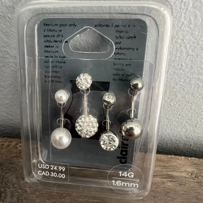 Nuevo Juego de Anillos Claire's Plata Joya y Perla Titanio Ombligo 14G 1.6 mm Foto 1 de 4
