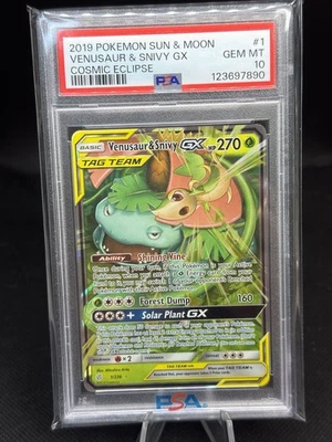 VENUSAUR & SNIVY GX PSA 10 2019 POKEMON SUN & MOON COSMIC ECLIPSE #1/236 - Image 1 of 2