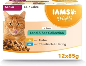 IAMS Delights Senior Cat Food 7+ Meat & Fish in Gravy, 12x85g Pouches - Picture 1 of 8