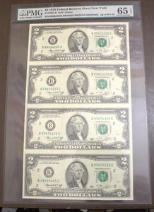 1976 $2 Two Uncut Sheet of 4 New York Federal Reserve Notes PMG 65 EPQ Lot 728 - Picture 1 of 2