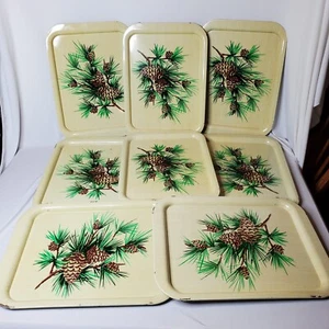 Vintage TV Trays Rustic Pinecone Mid Century Cabin Decor Retro 11x15" Metal Set8 - Picture 1 of 24