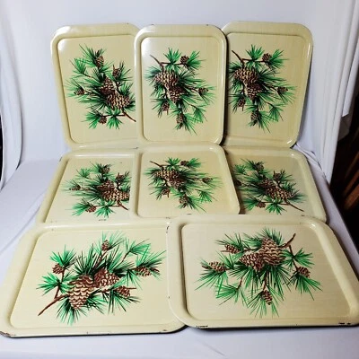 Vintage TV Trays Rustic Pinecone Mid Century Cabin Decor Retro 11x15" Metal Set8 - Image 1 of 4