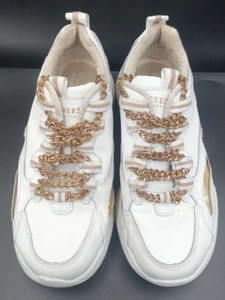 White & gold sketcher tennis shoes sz 6.5 SN 74221 leather synthetic upper - Picture 1 of 16