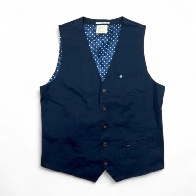Men’s Scotch & Soda Navy Blue Waistcoat Dress Vest Tailored Large Polka Dot Lini - Image 1 of 4