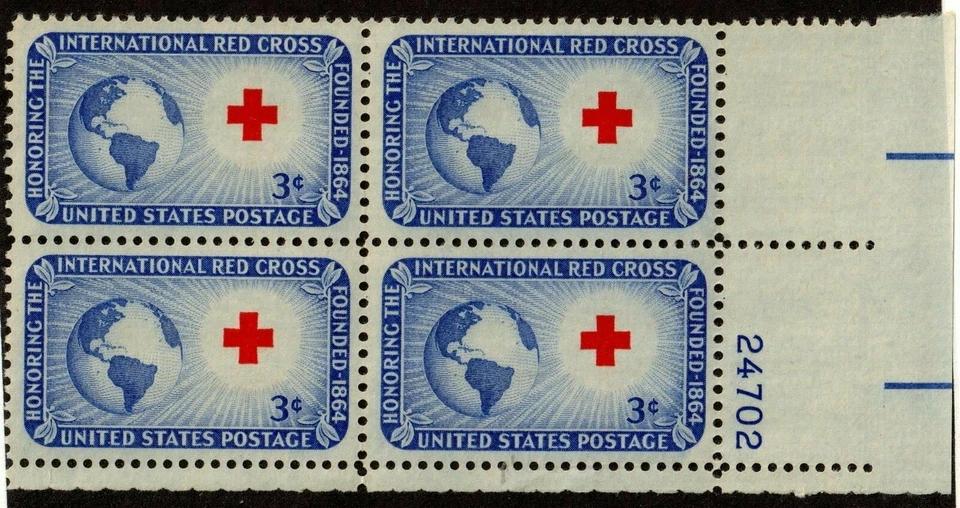 Scott 1016 3¢ Red Cross Plate Block of 4 MNH Free Shipping! - Image 1 of 1