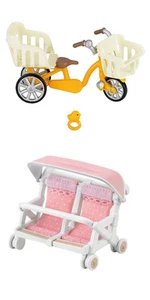 Juegos de dos familias Sylvanian - triciclo de tres asientos y carrito de bebé doble - Imagen 1 de 7