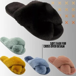 Mujer Damas Plana Acogedora Cálida Esponjosa Salón Suave Cruzada Deslizadores Mules Zapatilla - Imagen 1 de 30