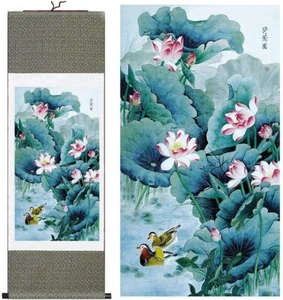 Lotus Pond Chinese Mandarin Ducks Yan Yang Painting on Silk Wall Hanging Large - Picture 1 of 7