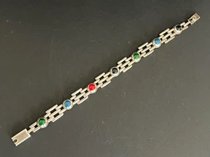 Vintage Sterling Silver 925 Blue Green Black Red Enamel Link Bracelet Mexico - Picture 1 of 8