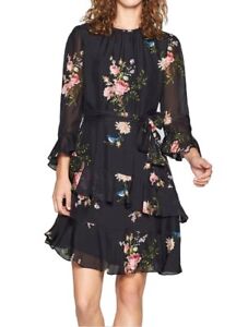 Joie Dress Kayane Asymmetric Silk Ruffle Black Floral Sz 2 NEW NWT 227