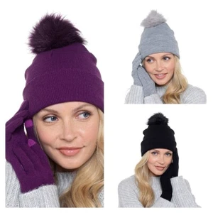 LADIES KNITTED BOBBLE HAT AND TOUCHSCREEN GLOVE SET SKI BEANIE MATCHING - Picture 1 of 13